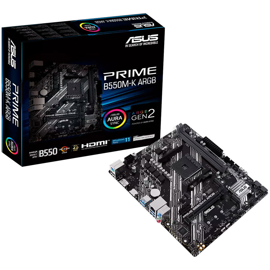 ASUS PRIME B550M-K ARGB AM4 mATX MB - AMD B550 2xDIMM DDR4 2xM.2 4x...