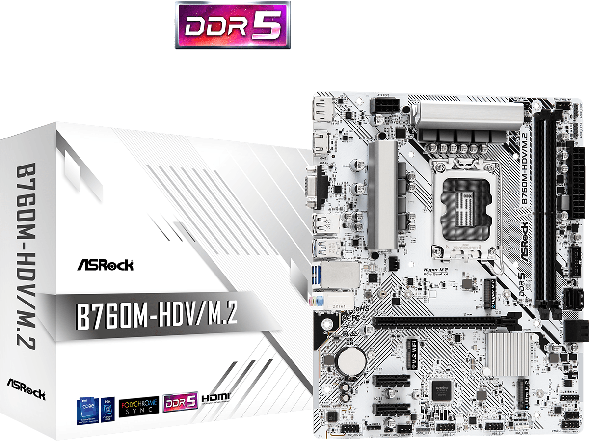 ASROCK MB B760-HDV/M.2B760, LGA1700, 2xDDR5, 2xM.24xSATA,RAID,HDMI,DP,VGA,MicroATX, White