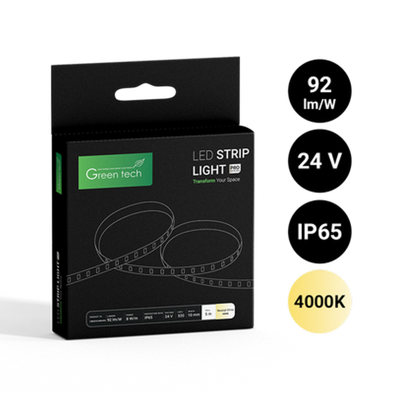 Led traka Green Tech 320 LED 10mm 8 W/m 4000K DC 24V  IP65 5m